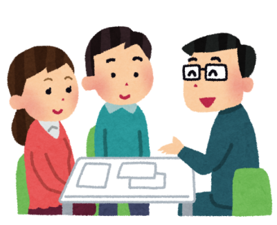 男性と女性が、職員に相談しているイラスト