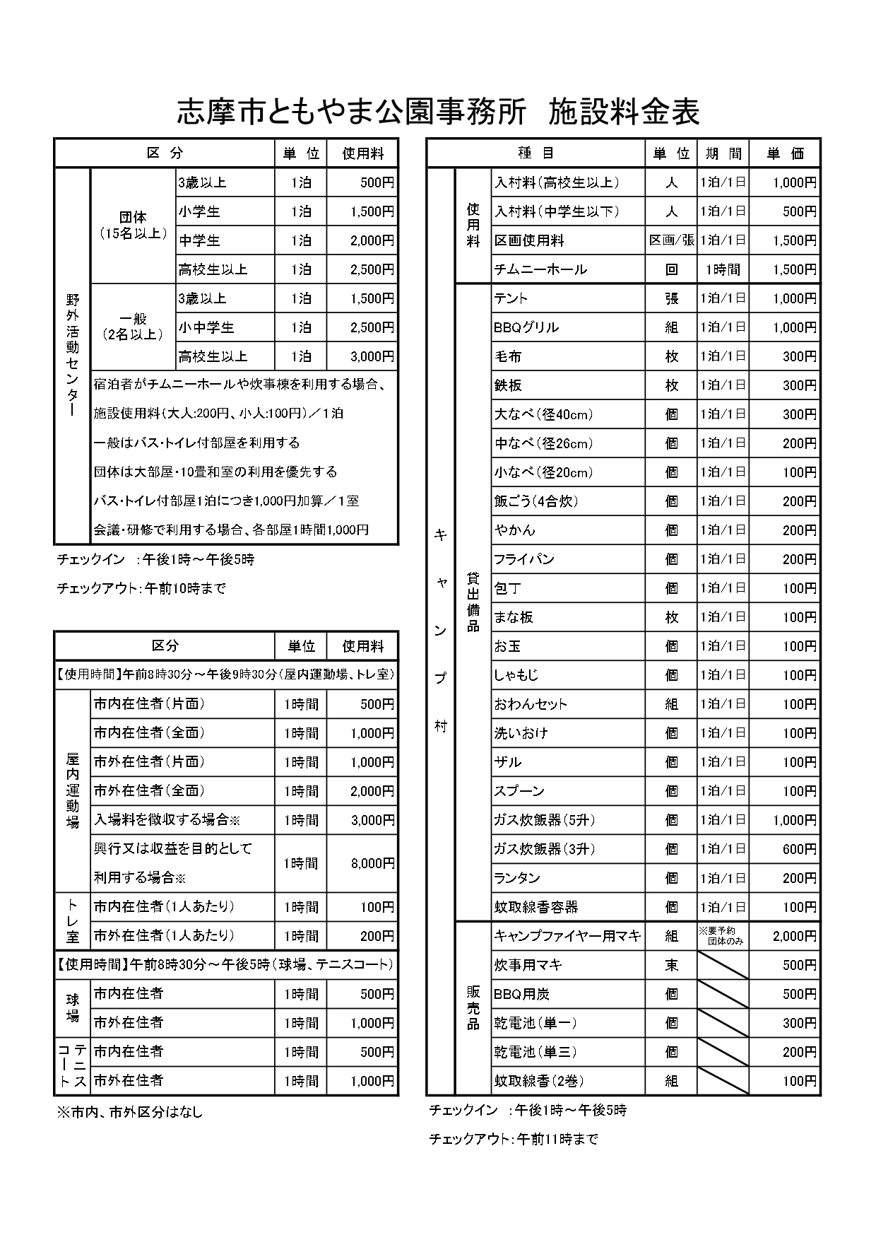 ともやま公園事務所 施設料金表(令和5年度~)
