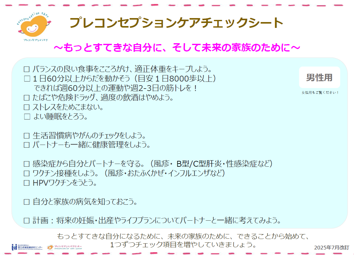 プレコンセプションケア・チェックシート（男性用）
