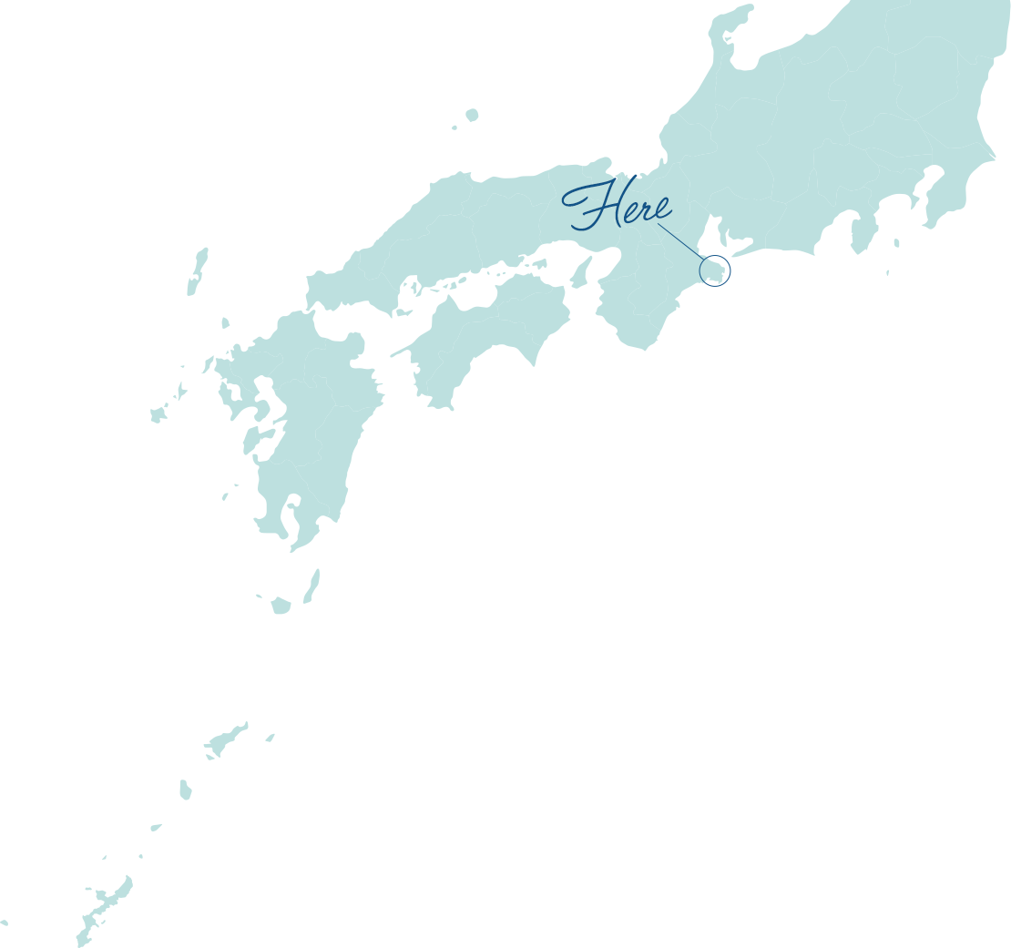 西日本の地図の中で、三重県の志摩半島南部の志摩市を指し示す地図